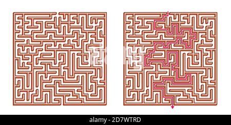 Vector 3D / Isometric Easy Square Maze - Labyrinth with Included Solution. Funny & Educational Mind Game for Coordination, Problems Solving, Decision Stock Vector