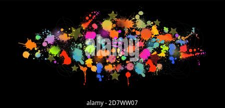 Set Multi-colored spots of paint on a black background. Mixed media. Vector illustration. Stock Vector