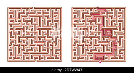 Vector 3D / Isometric Easy Square Maze - Labyrinth with Included Solution. Funny & Educational Mind Game for Coordination, Problems Solving, Decision Stock Vector