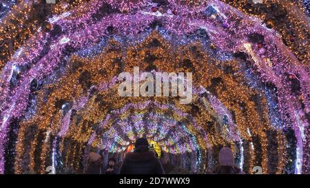 Moscow, Russia. January 16, 2020. Light tunnel on Tverskoy Boulevard at the festival 'Journey to Christmas' Stock Photo