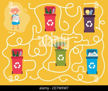 Recycling maze for kids with a solution Stock Vector
