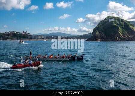 Training for traditional boat race in San Sebastian Spain Stock Photo