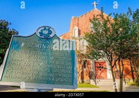 Late afternoon sun illuminates a historic marker at St. Augustine’s Seminary Church, Oct. 24, 2020, in Bay Saint Louis, Mississippi. Stock Photo