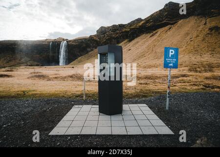 ICELAND - April 22, 2019: Ticket machine parking in Iceland pay for parking Stock Photo