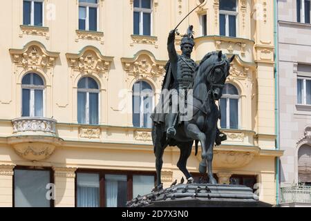 Monument of Ban Jelacic on square of Ban Jelacic in the center of town Zagreb, Croatia Stock Photo