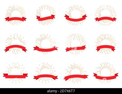 Gold radiant sunburst retro banners with space for text and red ribbon. Design elements vintage hipster style light rays and empty frame great for logo or emblem Isolated on white vector illustration Stock Vector