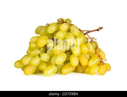 Bunch of yellow ripe sweet seedless grapes with water drops isolated on white background. Delicious dessert fruits and berries, vegetarian. Stock Photo