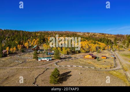 Aerial sunny view of the beautiful fall color around Dixie National Forest at Utah Stock Photo