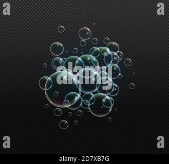 Bath foam soap with neon bubbles isolated vector illustration on transparent background. Colorful cloud of blowing bubbles and soapy foam Stock Vector