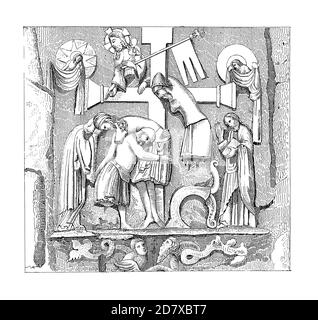 19th-century illustration depicting the Externsteine relief of the Descent from the Cross. Engraving published in Systematischer Bilder Atlas - Bauwes Stock Photo