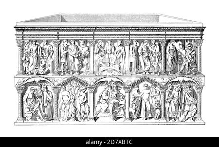 Antique engraving of the Sarcophagus of Junius Bassus. Illustration published in Systematischer Bilder Atlas - Bauwesen, Ikonographische Encyklopaedie Stock Photo