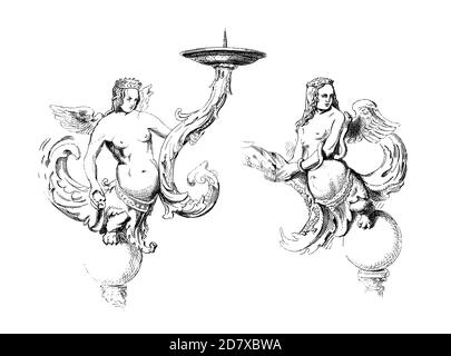 19th-century illustration depicting nymph sculpture by Peter Vischer the Elder. Engraving published in Systematischer Bilder Atlas - Bauwesen, Ikonogr Stock Photo