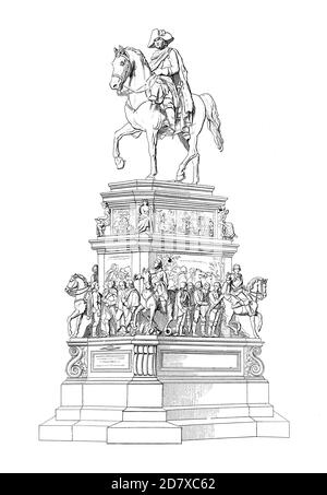 19th-century engraving depicting equestrian monument of Frederick the Great (by Christian Daniel Rauch) at Berlin, Germany. Illustration published in Stock Photo