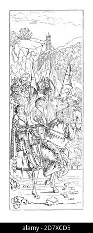 19th-century illustration depicting The Knights of Christ, the lower left panel of the Ghent Altarpiece, by Hubert van Eyck. Engraving published in Sy Stock Photo