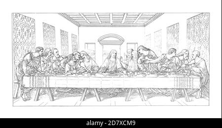 Antique illustration depicting The Last Supper, painting by Leonardo da Vinci. Engraving published in Systematischer Bilder Atlas - Bauwesen, Ikonogra Stock Photo