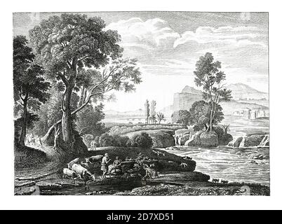 19th-century illustration depicting Landscape with Rest in Flight to Egypt, oil painting by Claude Lorrain. He was an artist of the Baroque era admire Stock Photo