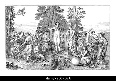 Antique 19th-century illustration depicting Apollo and the Muses on Mount Parnassus, painting by Anton Raphael Mengs (dated 1755). He was born on Marc Stock Photo