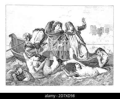 Antique illustration depicting The Barque of Dante, painting by Eugene Delacroix. He was French Romantic artist, born on April 26, 1798 in Charenton, Stock Photo