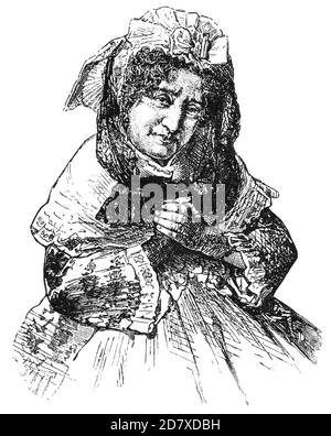 Portrait of Minona Frieb-Blumauer as head forester in the drama 'The hunter' by August Wilhelm Iffland. Minona Frieb-Blumauer - a German actress. Illustration of the 19th century. White background. Stock Photo
