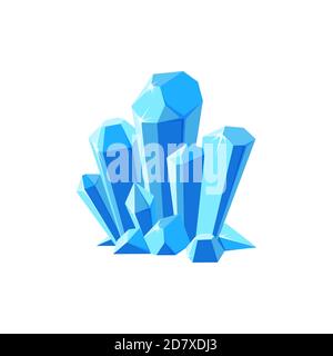 Ice crystals or gem stones. Shimmering crystal druse made of blue mineral isolated in white background. Vector illustration in cartoon style Stock Vector