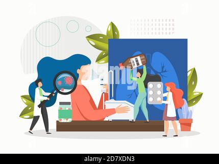 Woman using nebulizer, flat vector illustration. Device for treatment asthma, pneumonia, viruses. Stock Vector