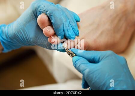 Pedicure master corrects the length of the nail using nippers. Spa. Concept body care. Stock Photo