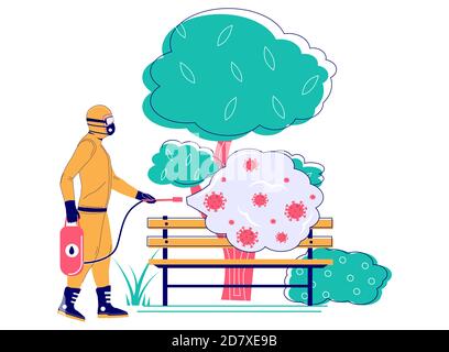 Coronavirus pandemic. Man in hazmat suit disinfecting city park bench, flat vector illustration. Disinfection services. Stock Vector
