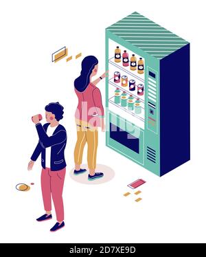 People buying soda, cola, water from drink vending machine, flat vector isometric illustration. Beverage vending machine Stock Vector