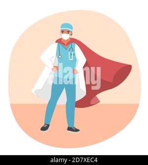 Doctor super hero wearing medical face mask and red cloak, flat vector illustration. Stock Vector