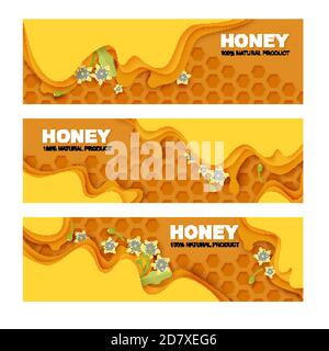 Honey, healthy organic natural product banner template set. Vector illustration in paper art style. Stock Vector