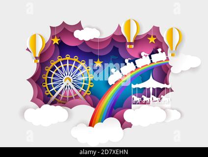 Paper cut ferris wheel, carousel, kids train, hot air balloons. Vector illustration in paper art style. Stock Vector