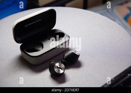 Hong Kong - 26 Oct, 2020 : Blue tooth wireless earphone produced by Sennheiser (Momentum true wireless) Stock Photo