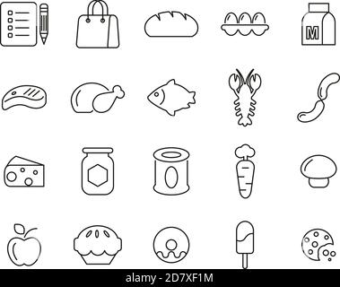 Grocery List Icons Black & White Thin Line Set Big Stock Vector