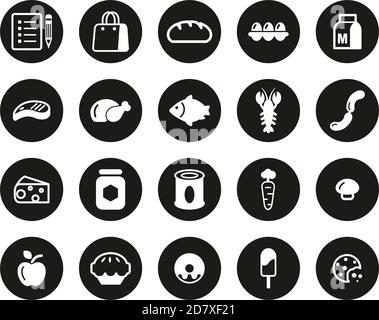 Grocery List Icons White On Black Flat Design Circle Set Big Stock Vector