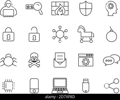 Hacker Icons Black & White Thin Line Set Big Stock Vector