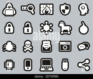 Hacker Icons White On Black Sticker Set Big Stock Vector