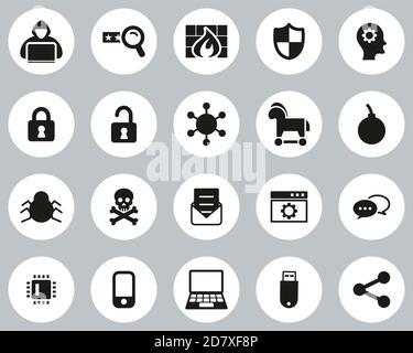 Hacker Icons Black & White Flat Design Circle Set Big Stock Vector