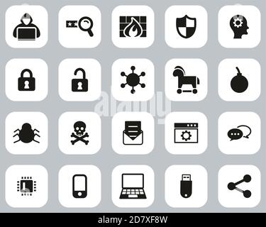 Hacker Icons Black & White Flat Design Set Big Stock Vector