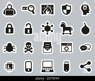 Hacker Icons Black & White Sticker Set Big Stock Vector