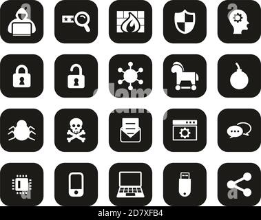 Hacker Icons White On Black Flat Design Set Big Stock Vector