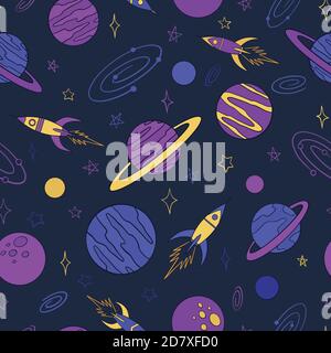 Spaceships and planets doodle seamless pattern. Hand drawn background. Vector illustration for surface design, print, poster, icon, web, graphic desig Stock Vector