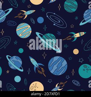 Spaceships and planets doodle seamless pattern. Hand drawn background. Vector illustration for surface design, print, poster, icon, web, graphic desig Stock Vector