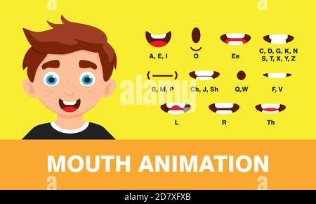Boy mouth animation with different expressions in flat style vector illustration set. Stock Vector