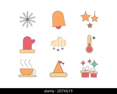 Winter Christmas Icon set with visualization of Snowflakes, Bell, Gifts, Coffee, Santa and globs Stock Vector