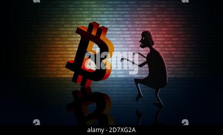 Bitcoin cryptocurrency theft concept with a silhouette of a thief sneaking towards a coin on a dark digital background. Vector EPS10. Stock Vector