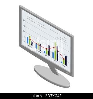 Isometric monitor with graphs and charts on the screen isolated on white. Stock Photo