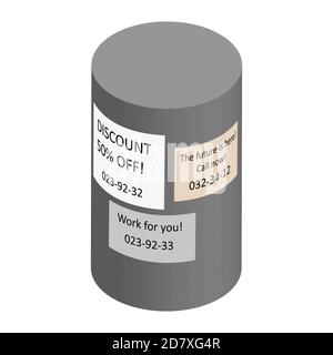 Isometric concrete bollard with job ads and advertisements isolated on white. Adhered paper ads with text. Vector EPS10. Stock Vector
