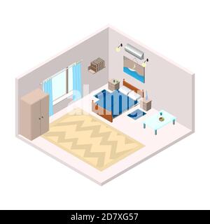 Isometric living room bedroom with furniture. Suitable for a hotel or residential building. Vector EPS10. Stock Vector