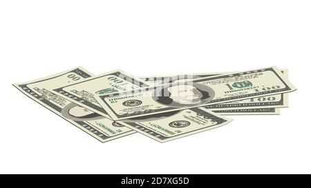 Scattered paper 100 us dollars banknotes isolated on white. Much money. A pile of money in a realistic style. Vector EPS10. Stock Vector