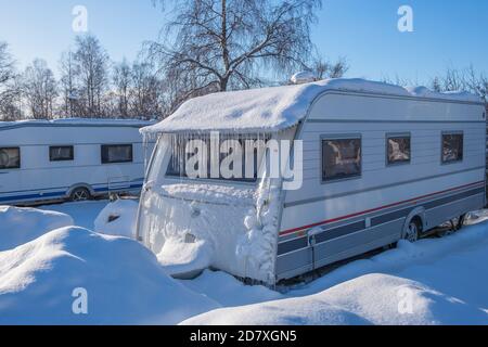 Winter camping with a caravan Stock Photo